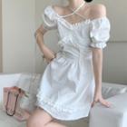 Puff-sleeve Halter-neck Off-shoulder Wood Ear Trim Dress White - One Size