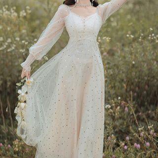Long-sleeve Glittered Mesh Maxi Dress