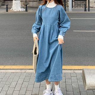 Long-sleeve Denim Mock-neck Midi Dress Blue - One Size