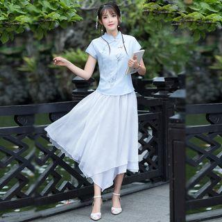 Set: Embroidered Short Sleeve Cheongsam Top + Midi Skirt