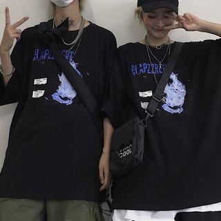 Couple Matching 3/4-sleeve Printed T-shirt Black - One Size