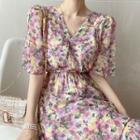 Short-sleeve V-neck Tie Dye High-waist Dress