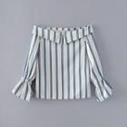 Off-shoulder Bell-sleeve Long-sleeved Striped Open-front Top