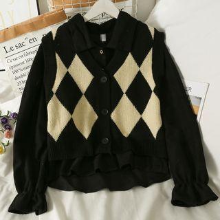 Set: Argyle Button-up Knit Vest + Bell-sleeve Loose Shirt