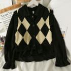 Set: Argyle Button-up Knit Vest + Bell-sleeve Loose Shirt
