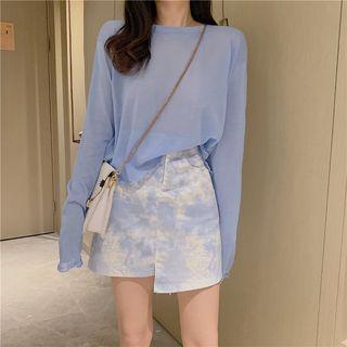 Lettuce Edge Slit Back Knit Top / Irregular Printed A-line Skirt