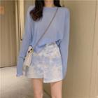 Lettuce Edge Slit Back Knit Top / Irregular Printed A-line Skirt
