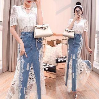 Set: Elbow-sleeve Lace Top + Lace Panel Maxi Sheath Denim Skirt