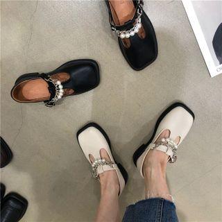 Block Heel Faux Pearl Chain T-strap Mary Janes