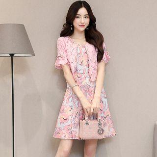 Set: Printed Sleeveless Dress + Lace Open-front Jacket