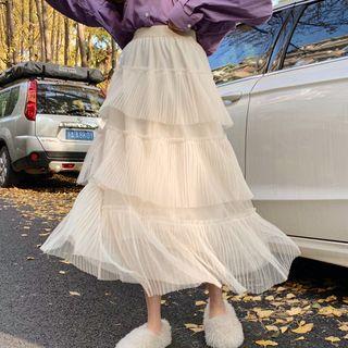 Pleated Mesh A-line Midi Tiered Skirt