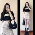 Short-sleeve Lettering Print T-shirt / High Waist Denim Mini Skirt / Set