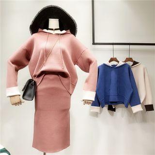 Set: Two-tone Hooded Sweater + Midi Knit Skirt