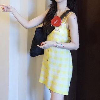 Spaghetti Strap Plaid Mini Knit Dress Plaid - Yellow & White - One Size