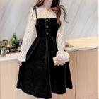 Bell-sleeve V-neck Mock Two-piece Corduroy Panel Dress