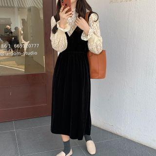 Lace Panel Bell-sleeve Midi A-line Dress Black - One Size
