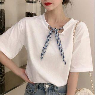 Short-sleeve Tie Neck T-shirt White - One Size