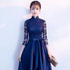 Lace Panel 3/4 Sleeve A-line Evening Gown