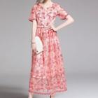 Short-sleeve Midi Embroidered A-line Dress