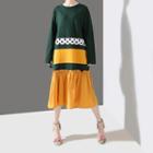 Color Block Long-sleeve Midi Dress Green - One Size