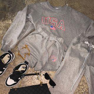 Set: Letter Print Sweatshirt + Sweat Shorts + Jogger Pants
