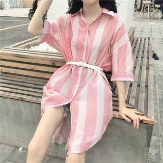 Striped Elbow-sleeve Long Shirt With Belt