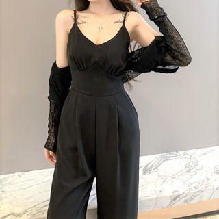 Spaghetti-strap Wide-leg Jumpsuit / Cardigan