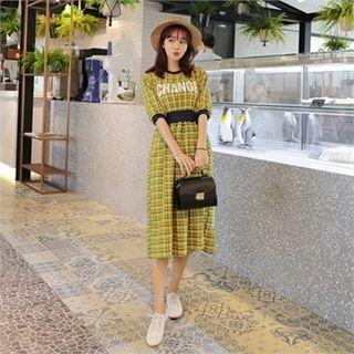 Elbow-sleeve Lettering Checked Long Dress
