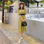 Elbow-sleeve Lettering Checked Long Dress