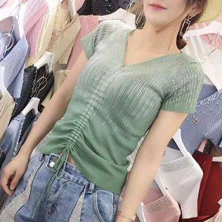 Short-sleeve Rhinestone V-neck Knit Top
