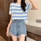 Short-sleeve Round-neck Striped Cutout T-shirt