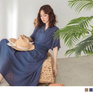 Ruffle Sleeve Notched Neck Pintuck Maxi Dress