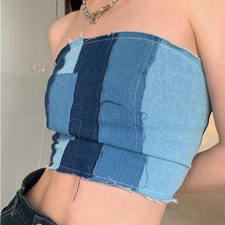 Patchwork Crop Tube Top Blue - One Size