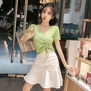Set: Short-sleeve Drawstring Top + Mini Ruffle Trim A-line Skirt