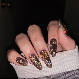 Gold Leaf Pointed Faux Nail Tip 669 - Glue - As Shown In Figure - One Size