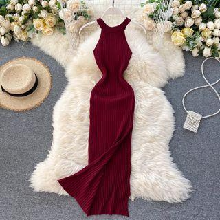 Halter Off-shoulder Split Knit Maxi Skirt