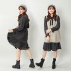 Set: Long-sleeve A-line Midi Dress + Knit Vest Almond - One Size