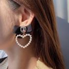 Bow Heart Drop Earring 1 Pair - Silver Needle - White Faux Pearl & Bow - Black - One Size