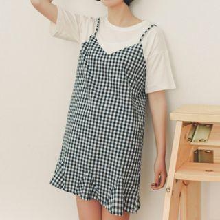 Mock Two Piece Plaid Panel Short Sleeve Dress
