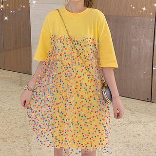Short-sleeve Panel Mesh T-shirt Dress Yellow - One Size