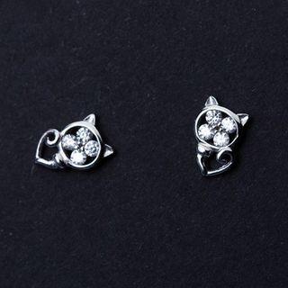 925 Sterling Silver Rhinestone Cat Stud Earring