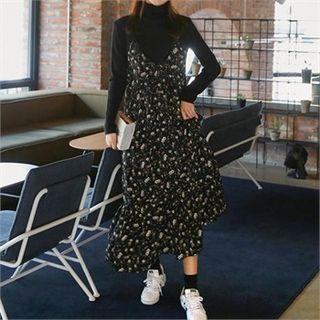 Floral Print Ruffle-hem Pinafore Dress