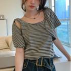 Mock Two-piece Short-sleeve Striped T-shirt Stripe - Gray - One Size