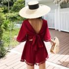Elbow-sleeve Ribbon Back Fringed Wide-leg Playsuit