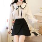 Set: Contrast Trim Tie-neck Blouse + Asymmetric Mini Skirt