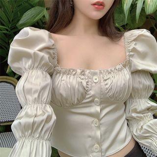 Crinkle Bell-sleeve Cropped Blouse