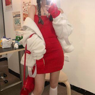 Set: Spaghetti Strap Knit Mini Dress + Arm Sleeves Set - Red - One Size