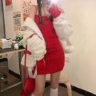 Set: Spaghetti Strap Knit Mini Dress + Arm Sleeves Set - Red - One Size