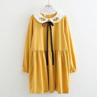 Long-sleeve Tie-neck Collared A-line Dress Curcumin - One Size