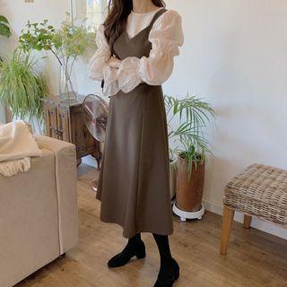 Puff Sleeve Plain Top / V-neck A-line Pinafore Dress